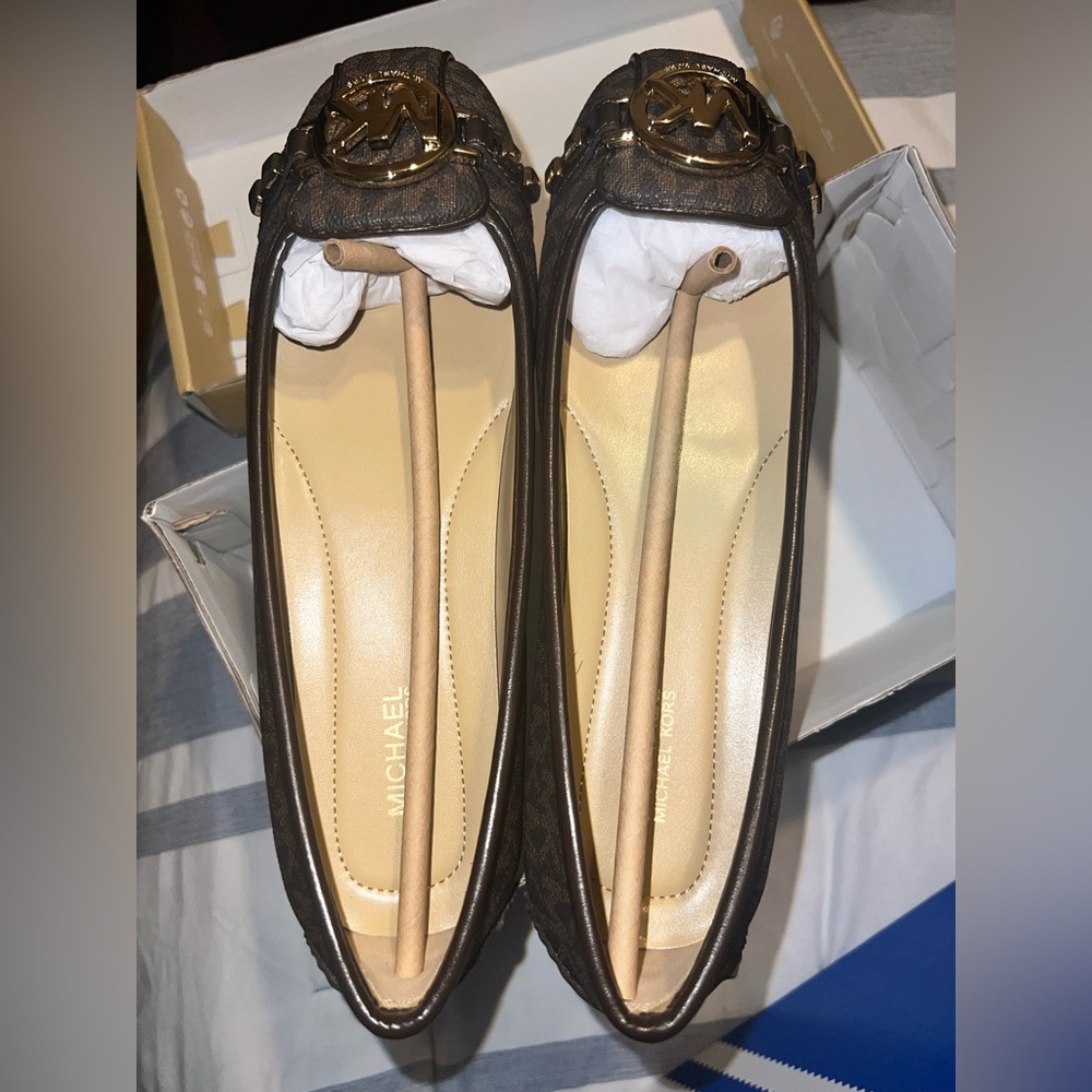 MICHAEL Michael Kors Dark Brown Logo Ballet Flats with Gold Hardware